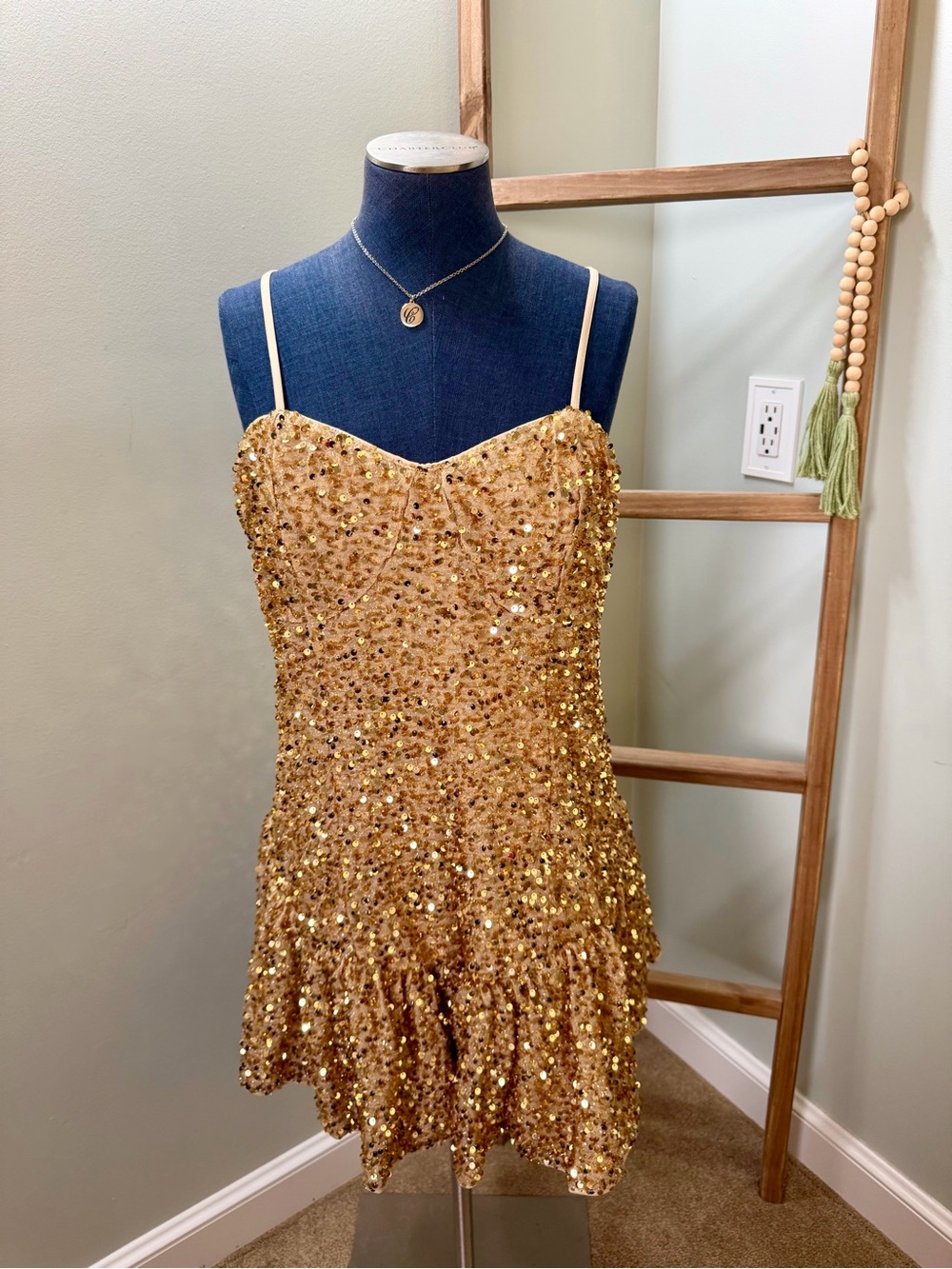 Shein Gold Sequin Sweetheart Neck Ruffle Spaghetti Strap Swing Mini Dress Size 4